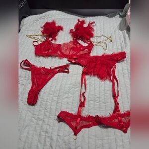 Luxurious Scarlet Lace Lingerie Set with Feather Accents